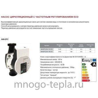 Высокоэффективный циркуляционный насос с частотным регулированием TIM AM-EPC25-6-180 SC, напор до 6 метров, монтажная длина 180 - №1