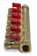 Коллектор с шаровыми кранами TIM 200-3/4(6)R (3/4" х 16 цанга), на 6 отводов, под цангу, красные ручки